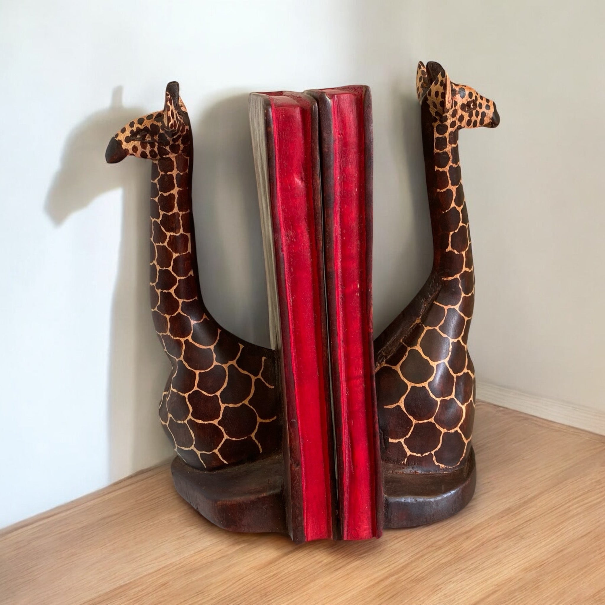 Hand-Carved Wooden Giraffe Bookends – Your solution for Organizing and Styling Shelves